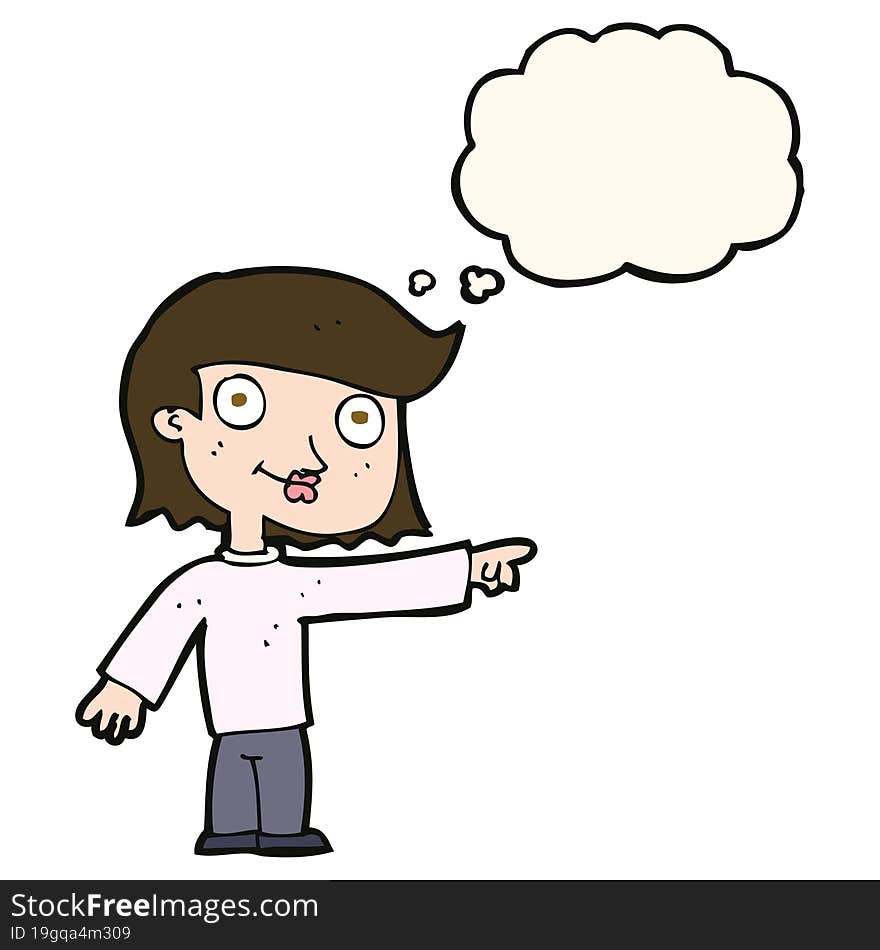 cartoon pointing person with thought bubble