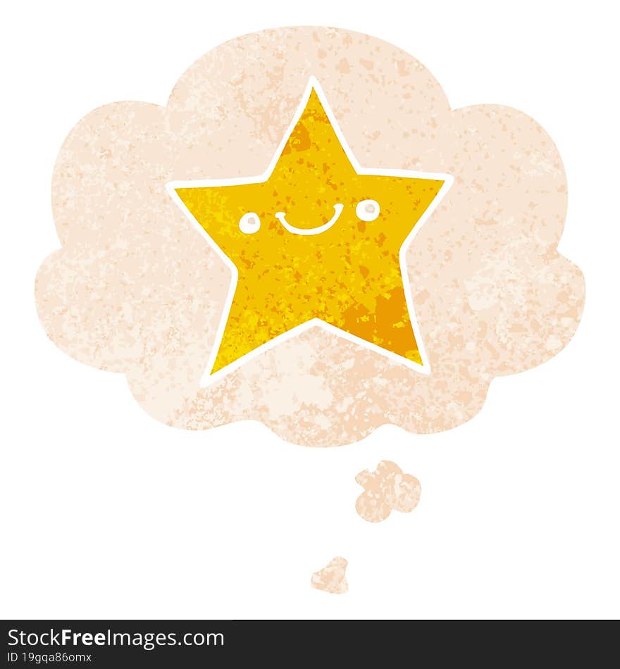 Happy Cartoon Star And Thought Bubble In Retro Textured Style