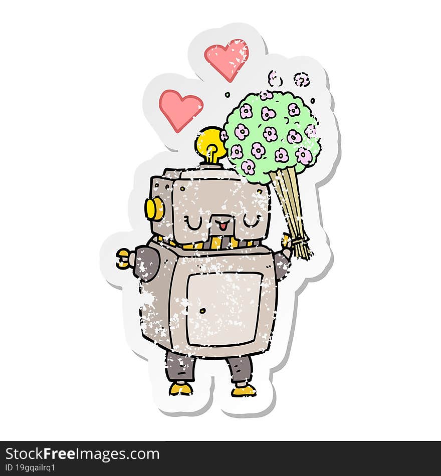 distressed sticker of a cartoon robot in love