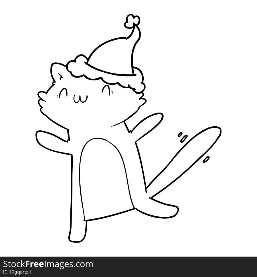 line drawing of a dancing cat wearing santa hat