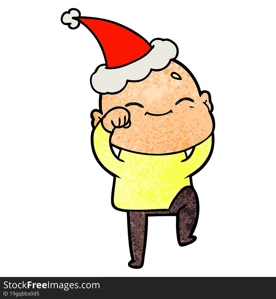 Happy Textured Cartoon Of A Bald Man Wearing Santa Hat