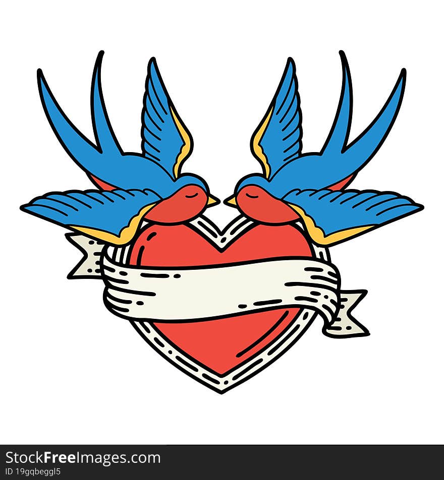 traditional tattoo of a swallows and a heart with banner