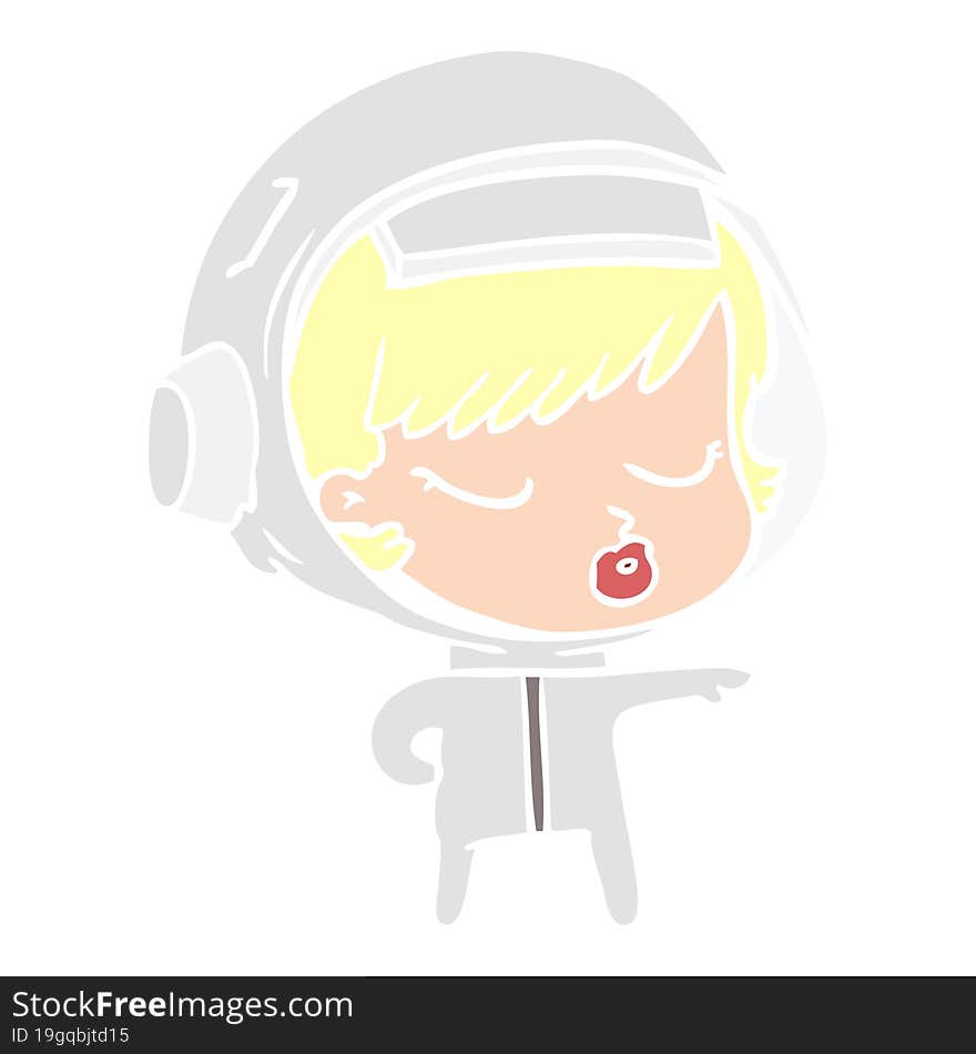 flat color style cartoon pretty astronaut girl pointing the way