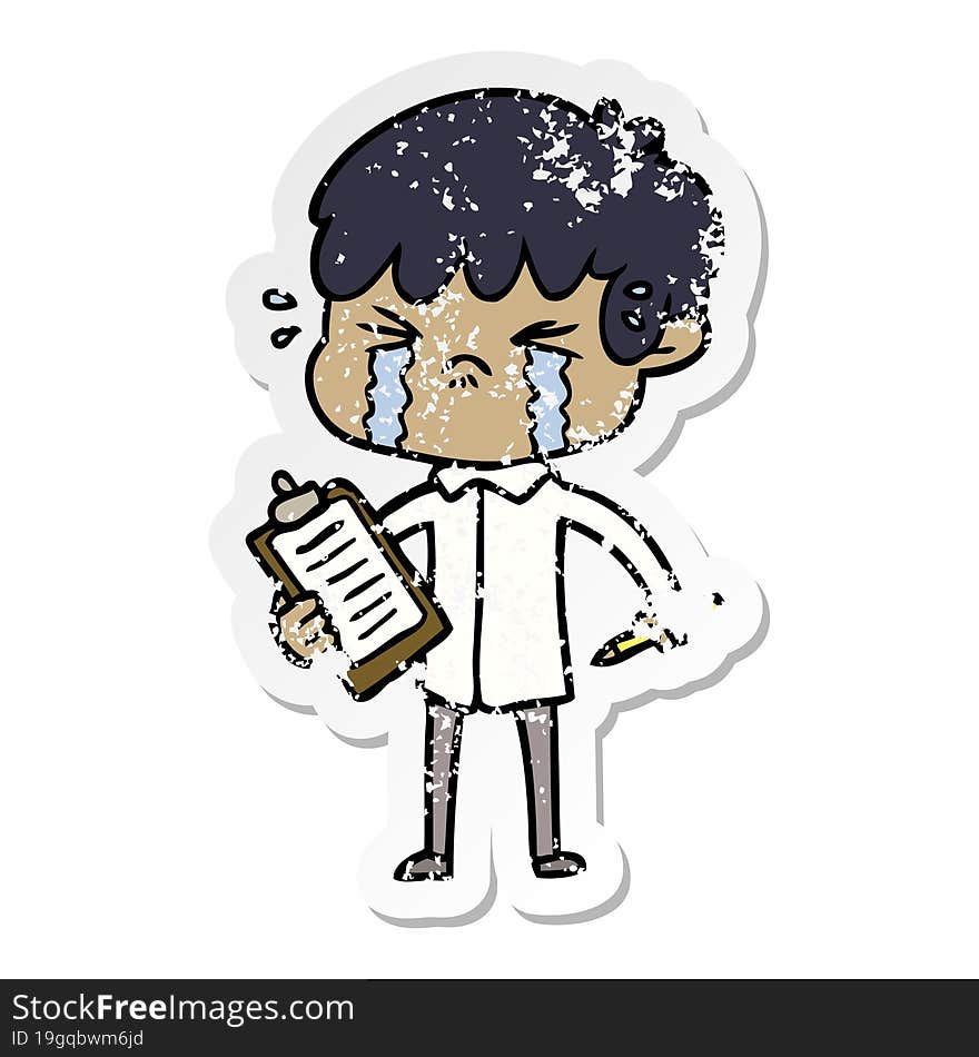 distressed sticker of a cartoon boy crying