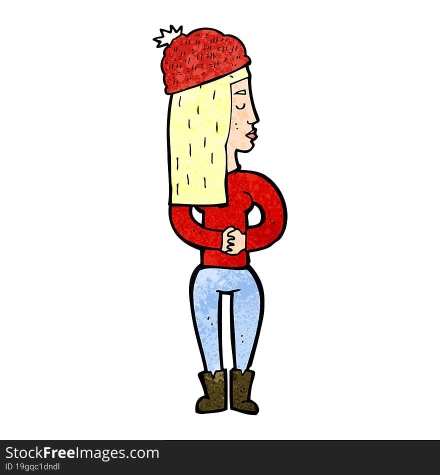 cartoon woman wearing winter hat