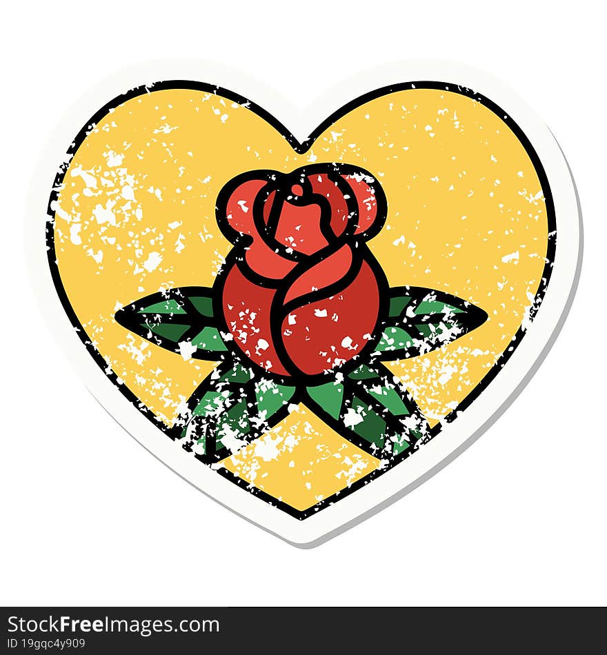 distressed sticker tattoo in traditional style of a heart and flowers. distressed sticker tattoo in traditional style of a heart and flowers