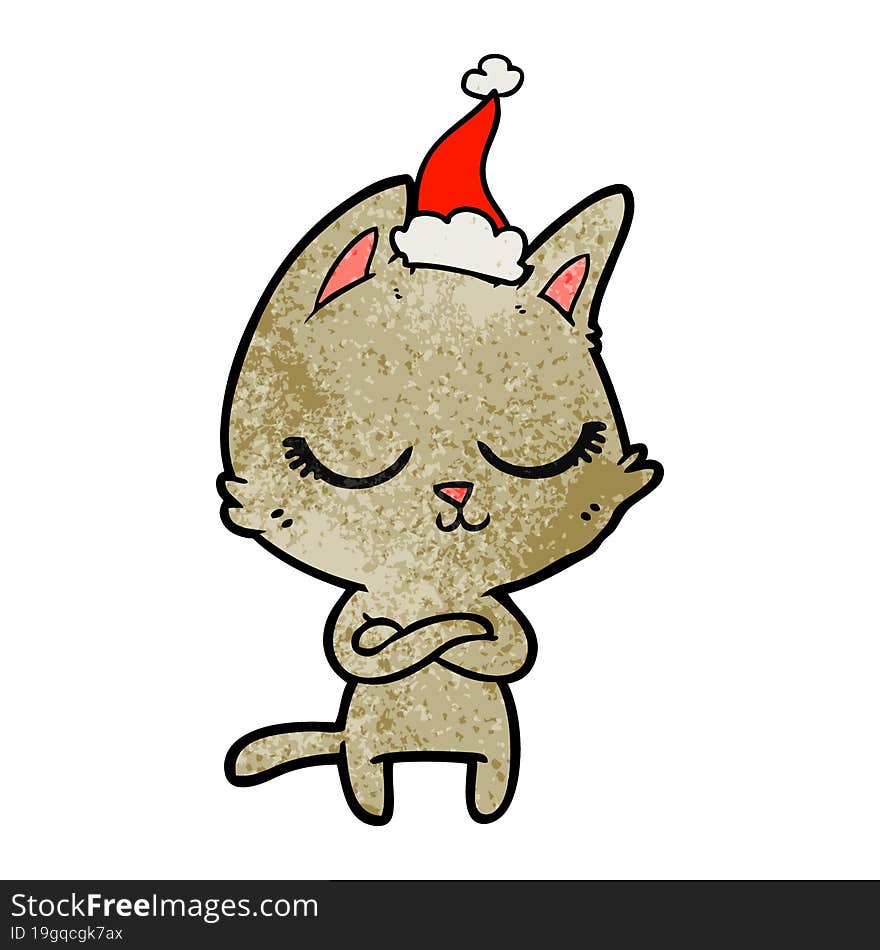 calm textured cartoon of a cat wearing santa hat