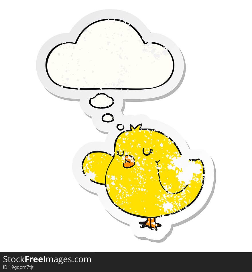 cartoon bird with thought bubble as a distressed worn sticker