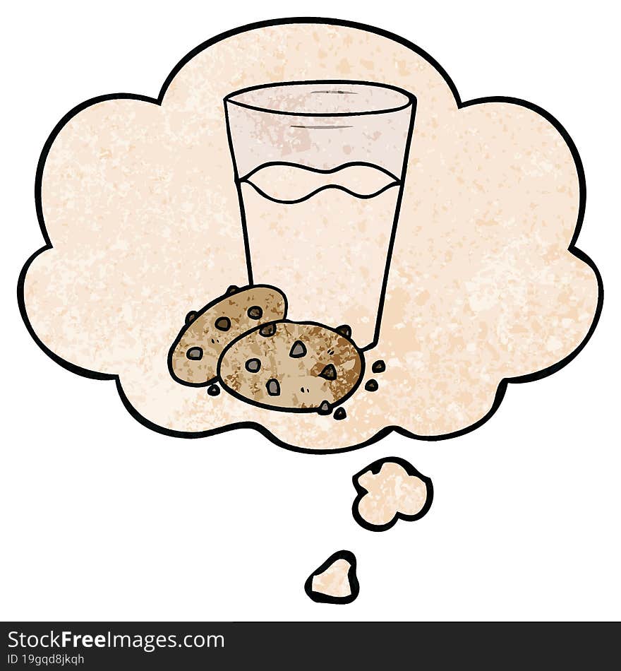 cartoon cookies and milk and thought bubble in grunge texture pattern style