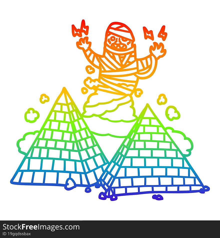 Rainbow Gradient Line Drawing Cartoon Mummy And Pyramids