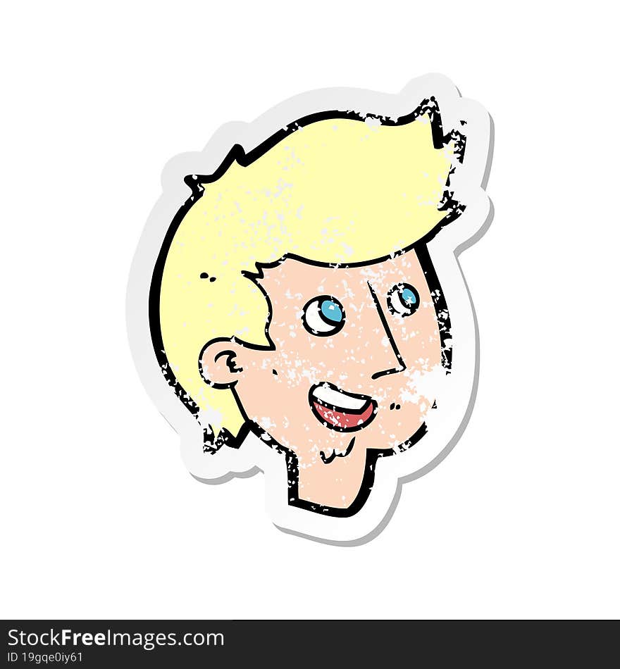 retro distressed sticker of a cartoon happy boy face