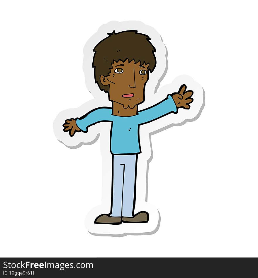 sticker of a cartoon worried man reaching out