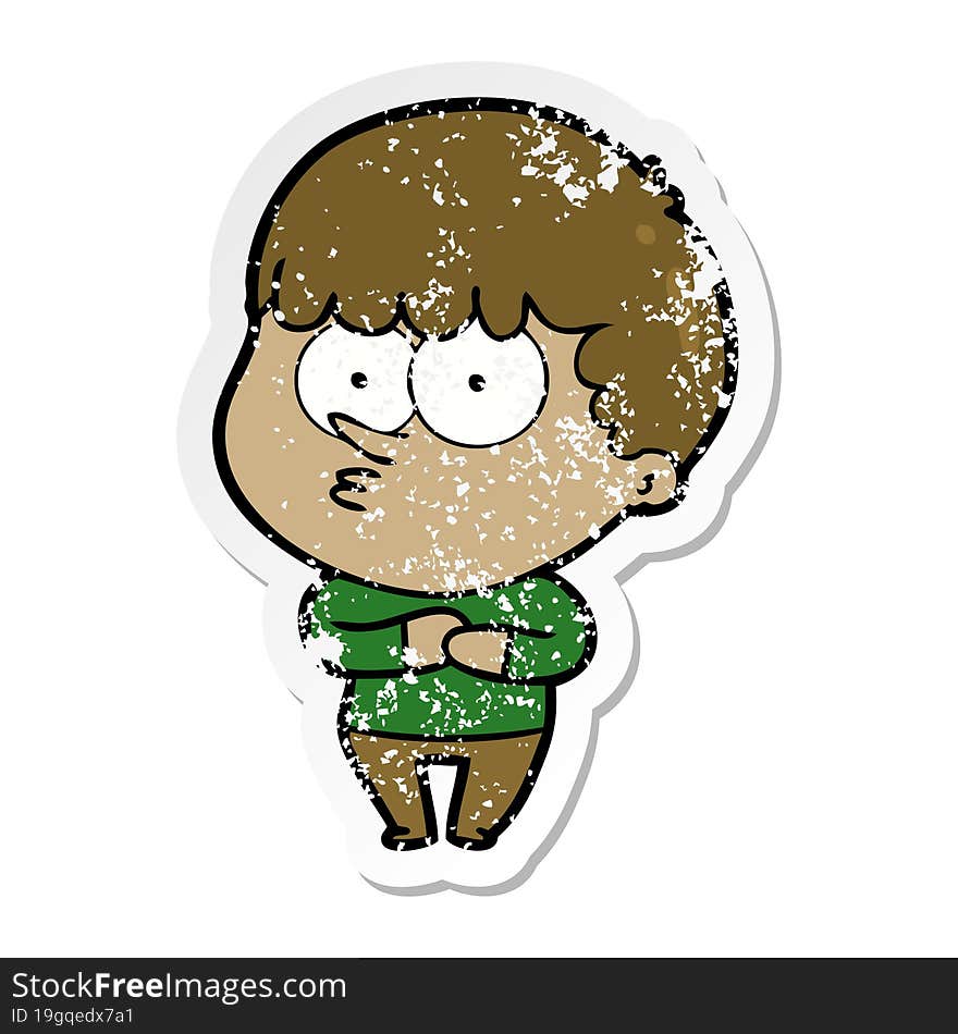 distressed sticker of a cartoon curious boy