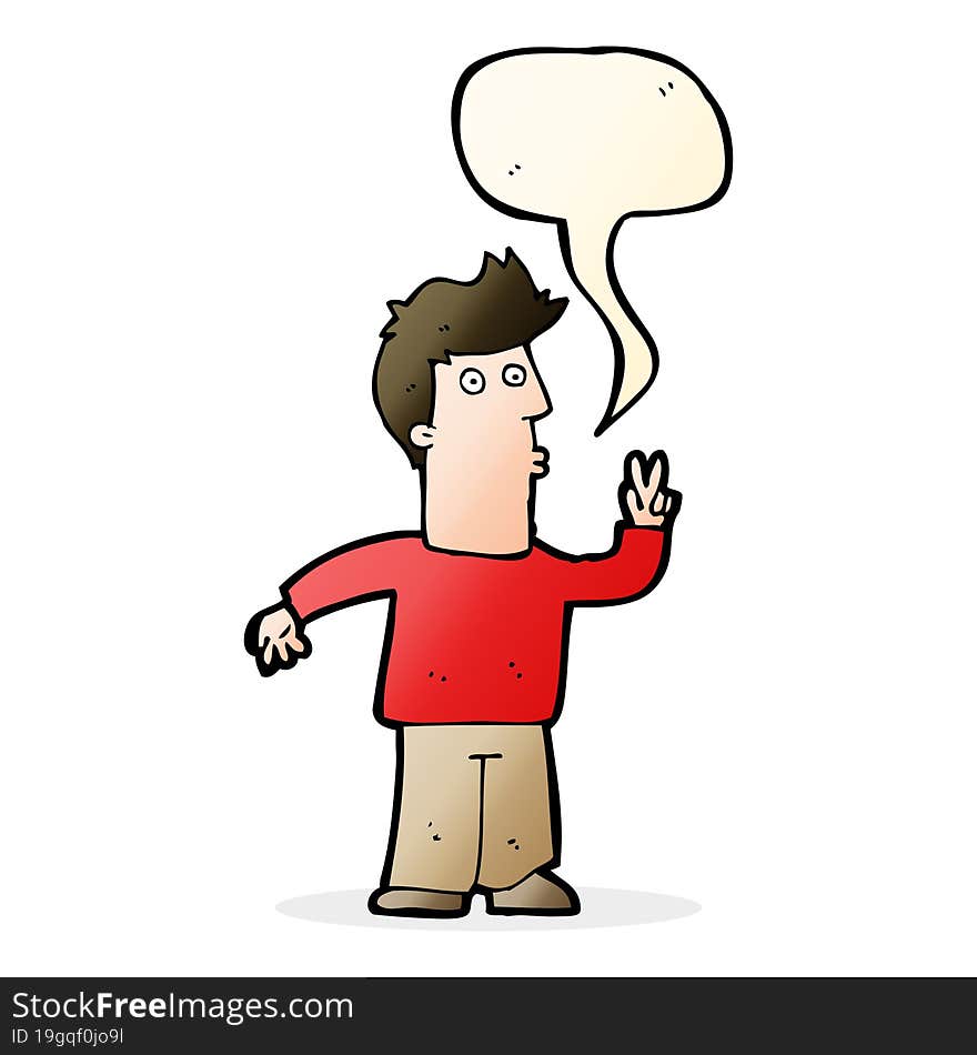 cartoon man giving peace sign with speech bubble