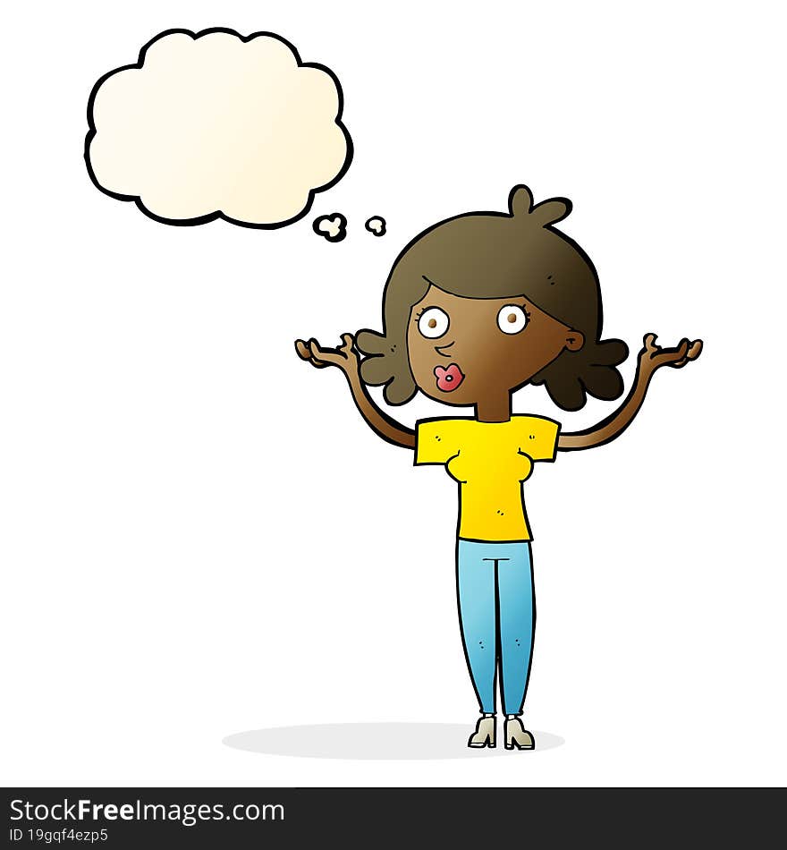 cartoon woman throwing arms in air with thought bubble