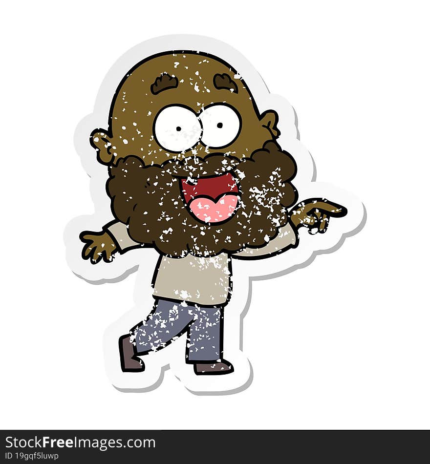 distressed sticker of a cartoon crazy happy man with beard