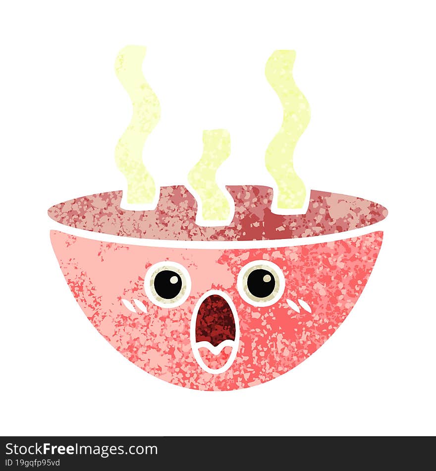 retro illustration style cartoon bowl of hot soup