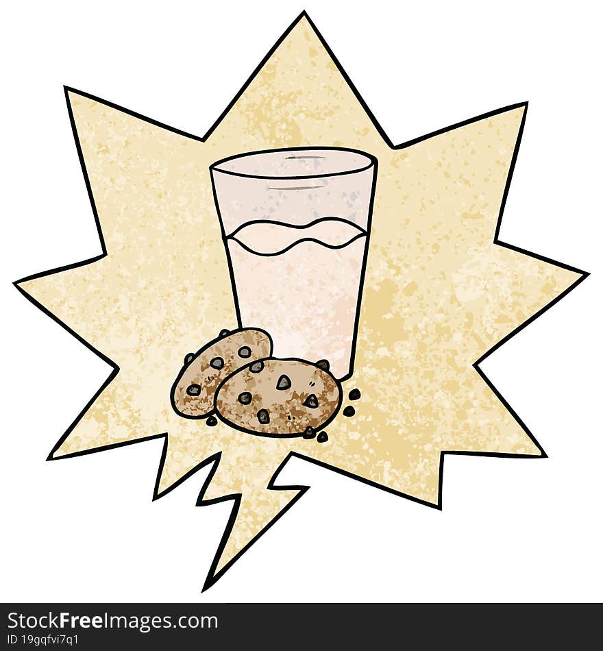 Cartoon Cookies And Milk And Speech Bubble In Retro Texture Style