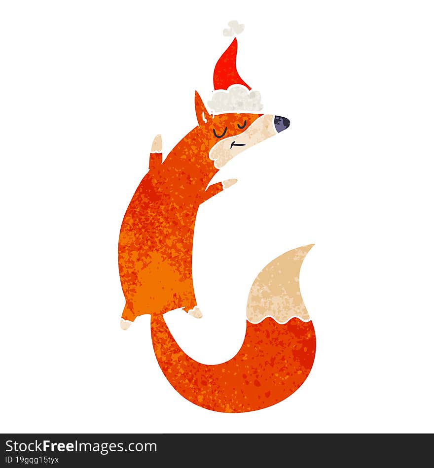 retro cartoon of a jumping fox wearing santa hat