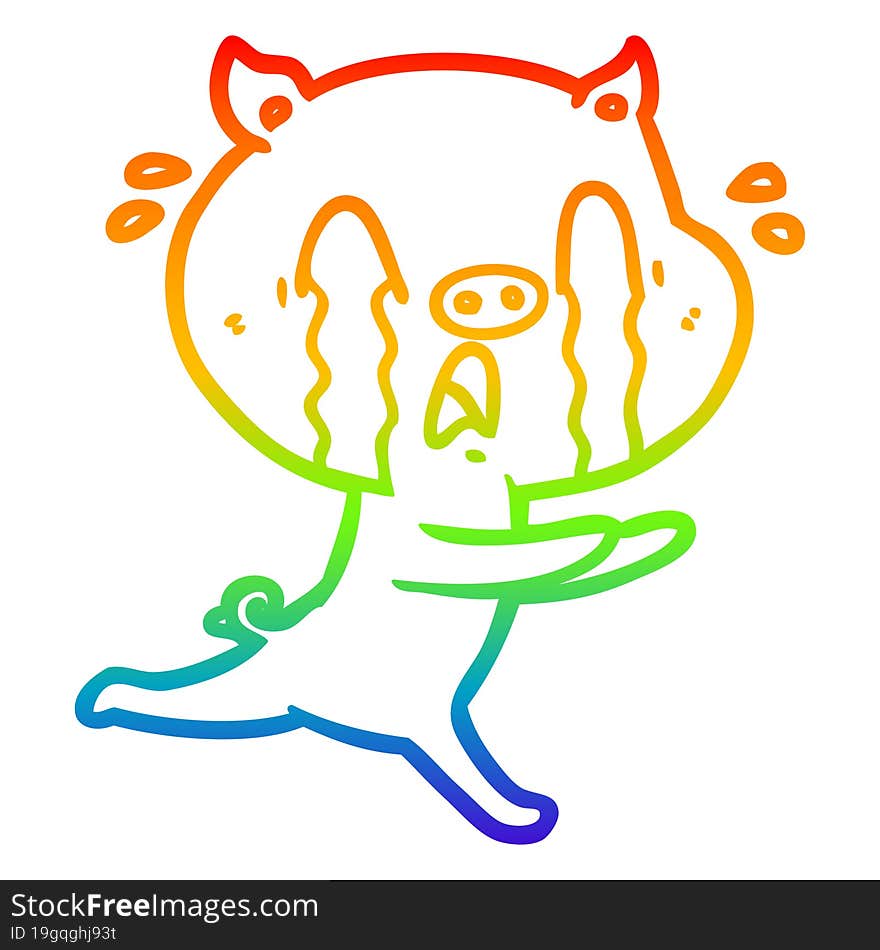 rainbow gradient line drawing of a crying pig cartoon