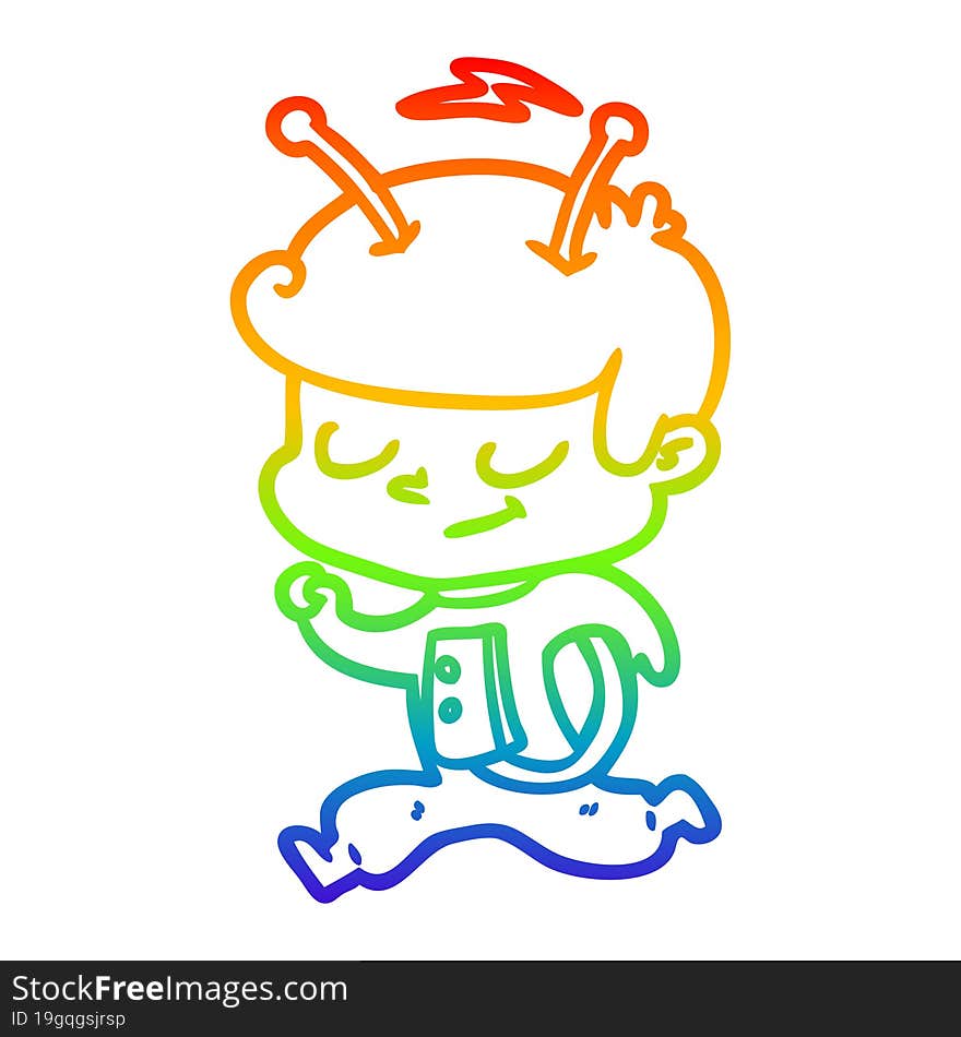 rainbow gradient line drawing of a friendly cartoon spaceman running