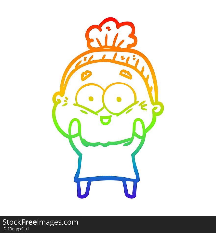 rainbow gradient line drawing of a cartoon happy old woman