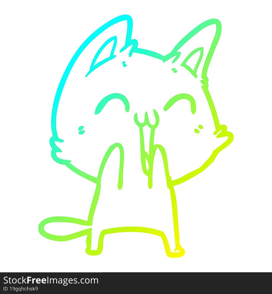 cold gradient line drawing of a happy cartoon cat