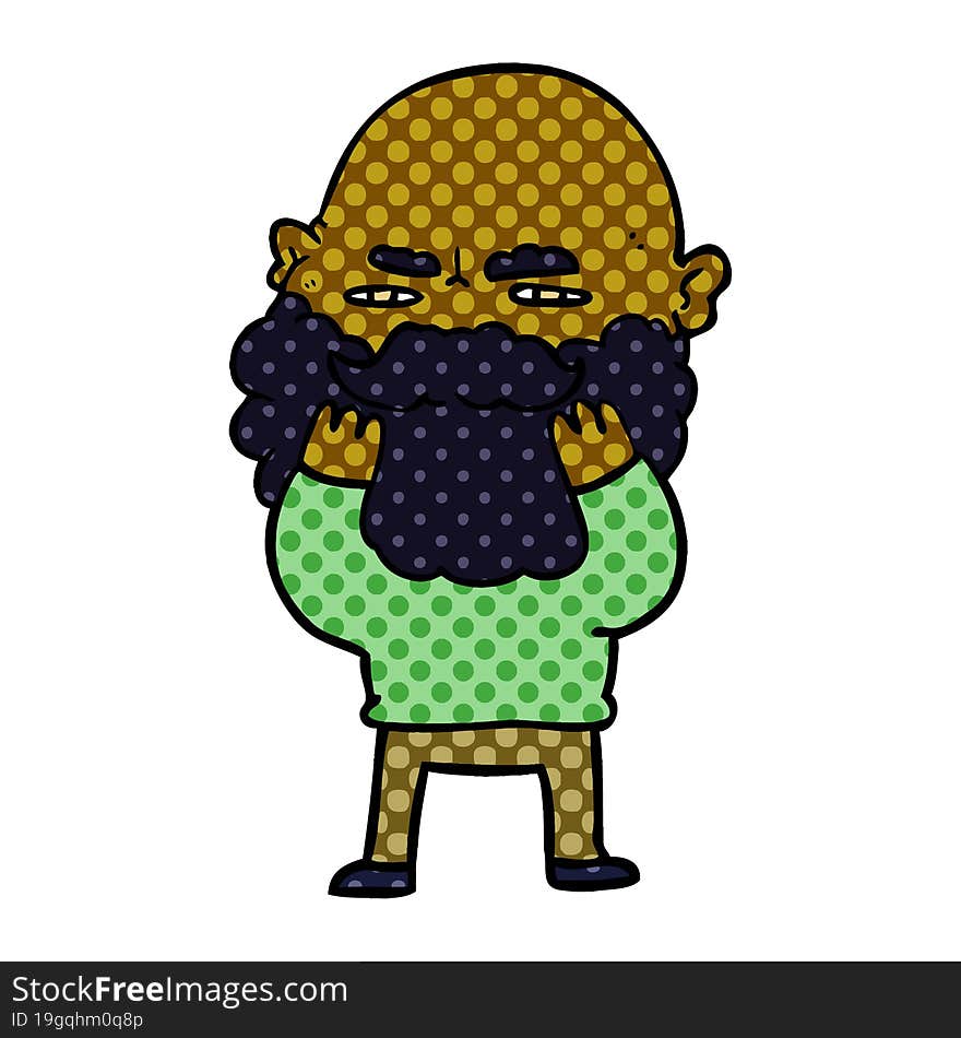 cartoon man with beard frowning checking his beard. cartoon man with beard frowning checking his beard