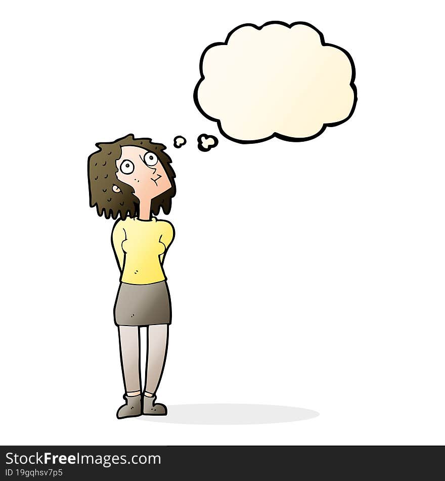 cartoon curious woman with thought bubble