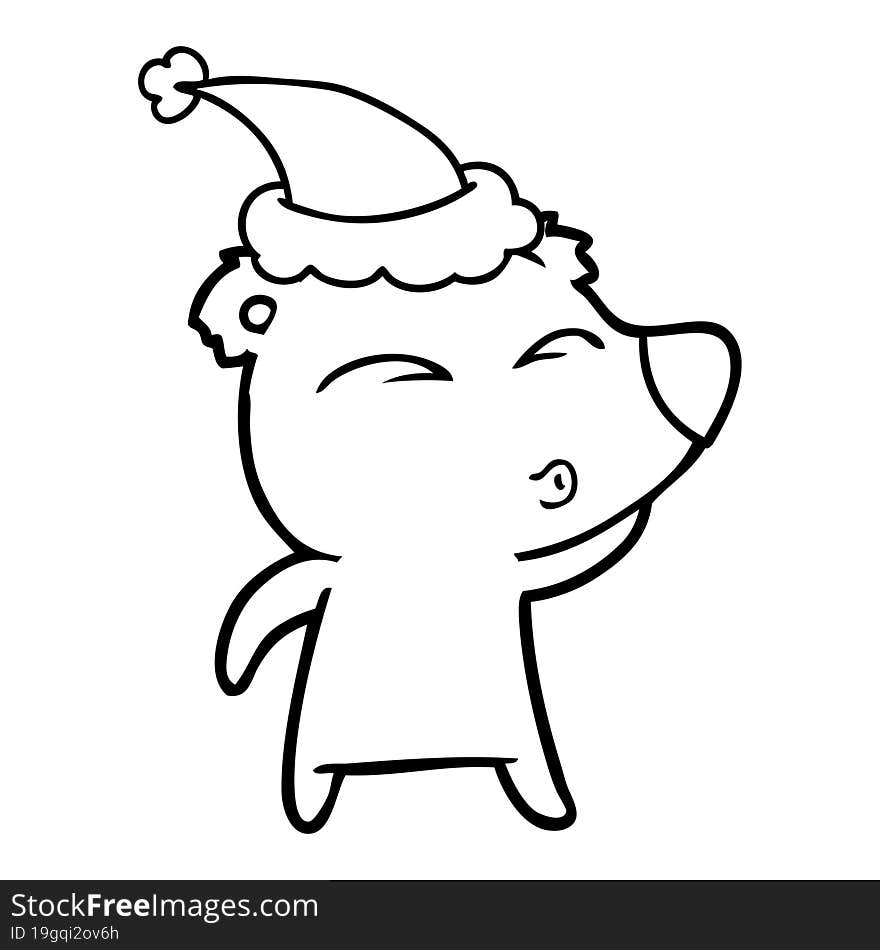 Line Drawing Of A Whistling Bear Wearing Santa Hat