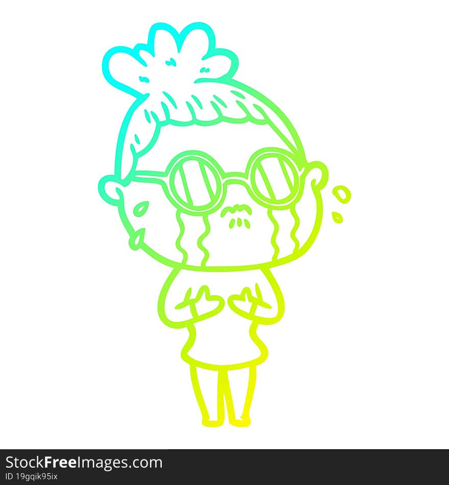 cold gradient line drawing cartoon crying woman wearing dark glasses