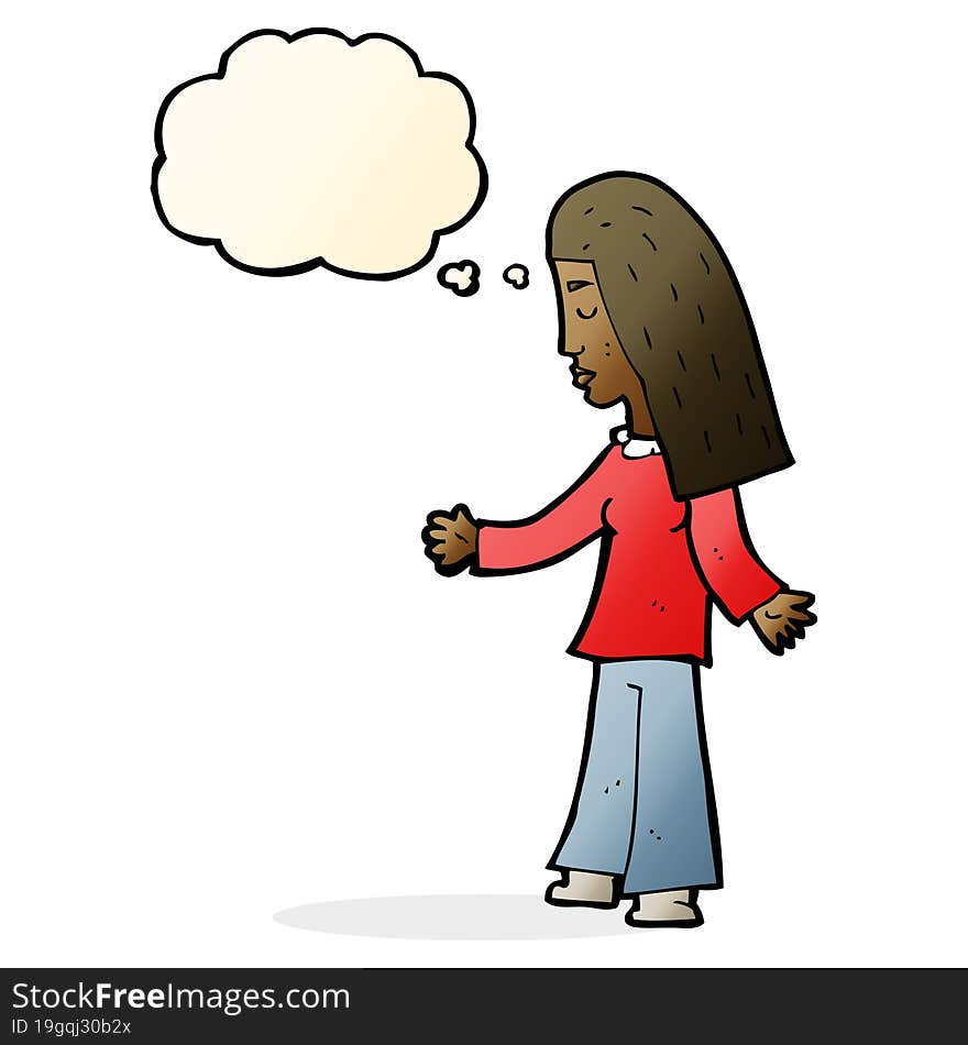 cartoon woman with open arms with thought bubble