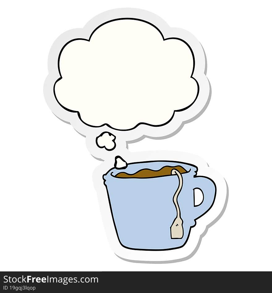 cartoon hot cup of tea with thought bubble as a printed sticker