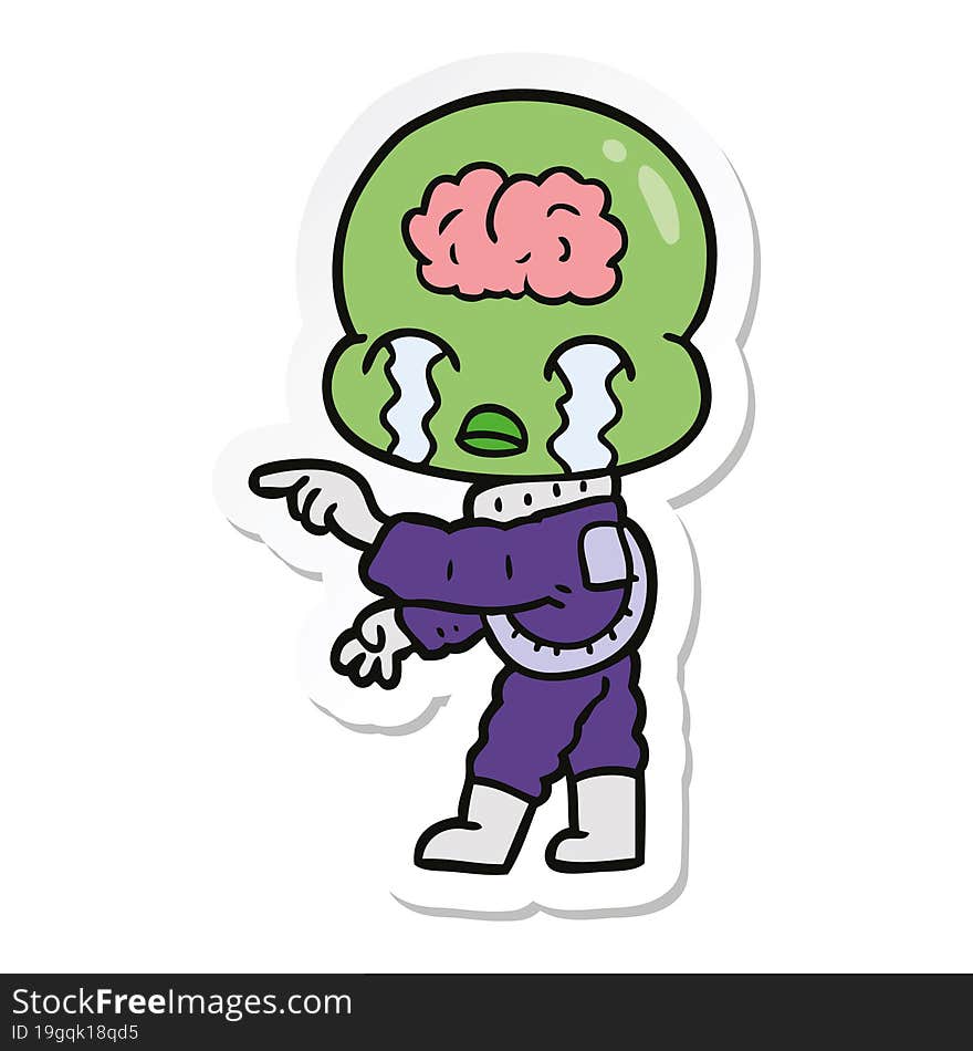 sticker of a cartoon big brain alien crying and pointing