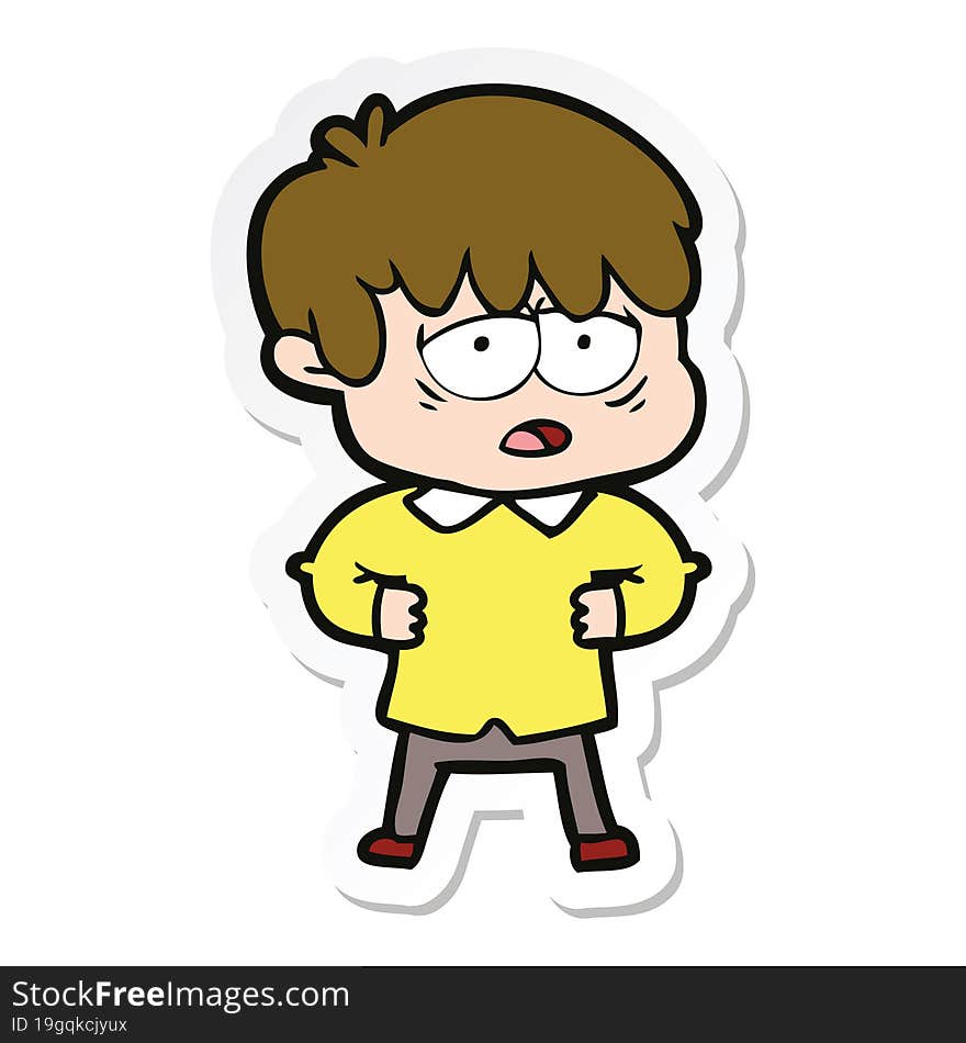 sticker of a cartoon exhausted boy