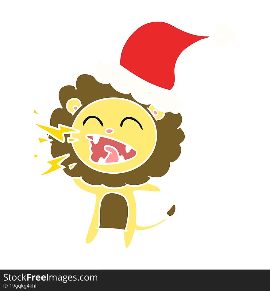 flat color illustration of a roaring lion wearing santa hat