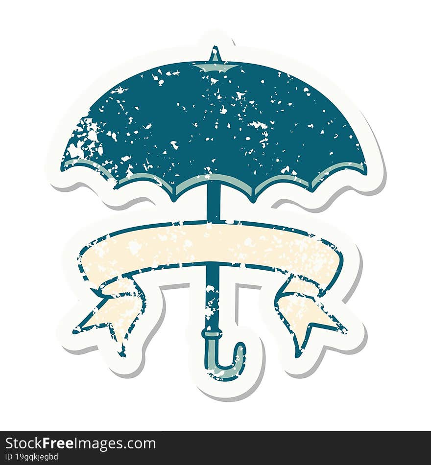 grunge sticker with banner of an umbrella