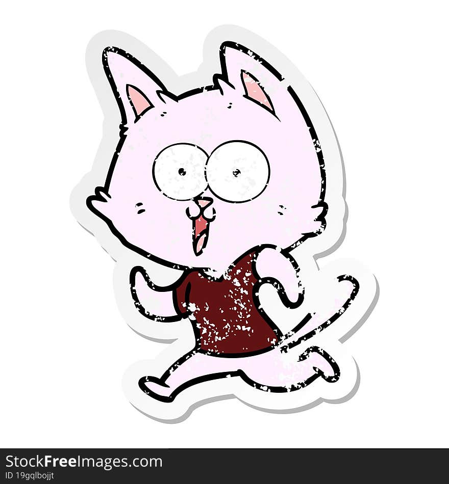 Distressed Sticker Of A Funny Cartoon Cat Jogging