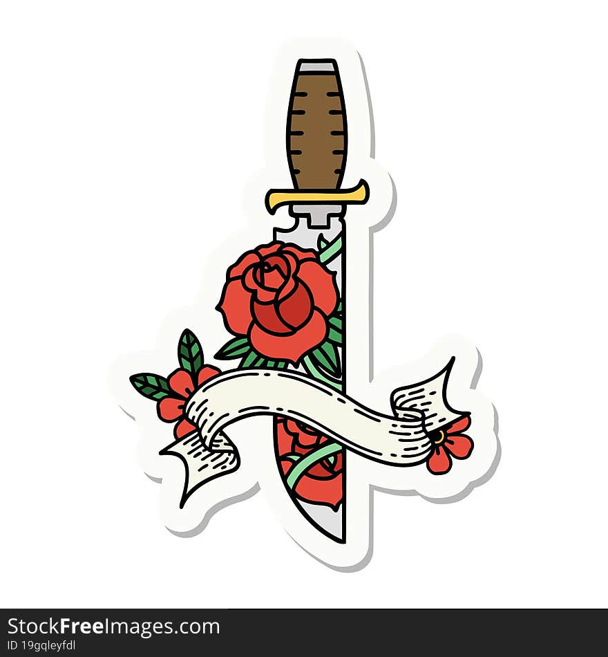 tattoo sticker with banner of a dagger and flowers