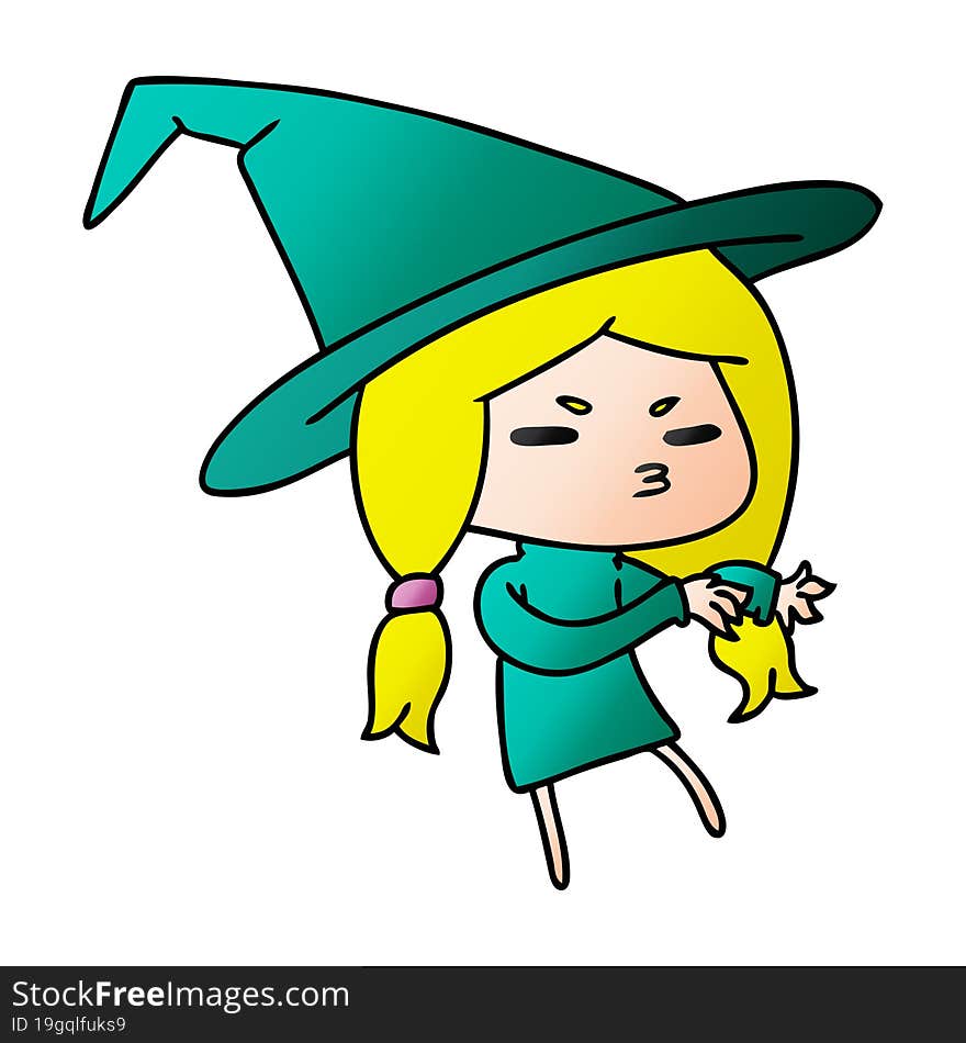 gradient cartoon of a cute witch kawaii girl