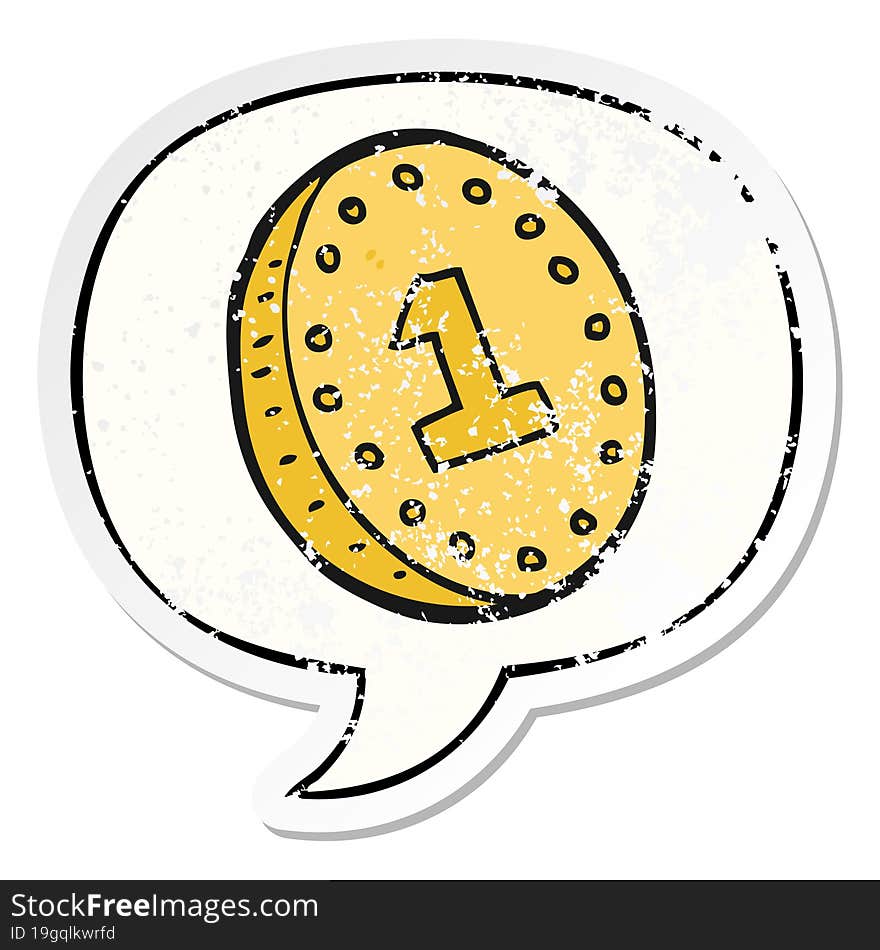 cartoon coin and speech bubble distressed sticker