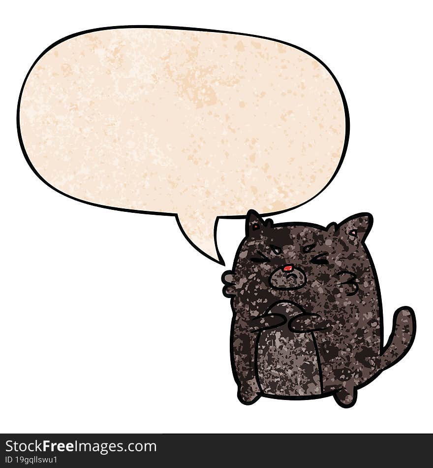 cartoon angry cat and speech bubble in retro texture style