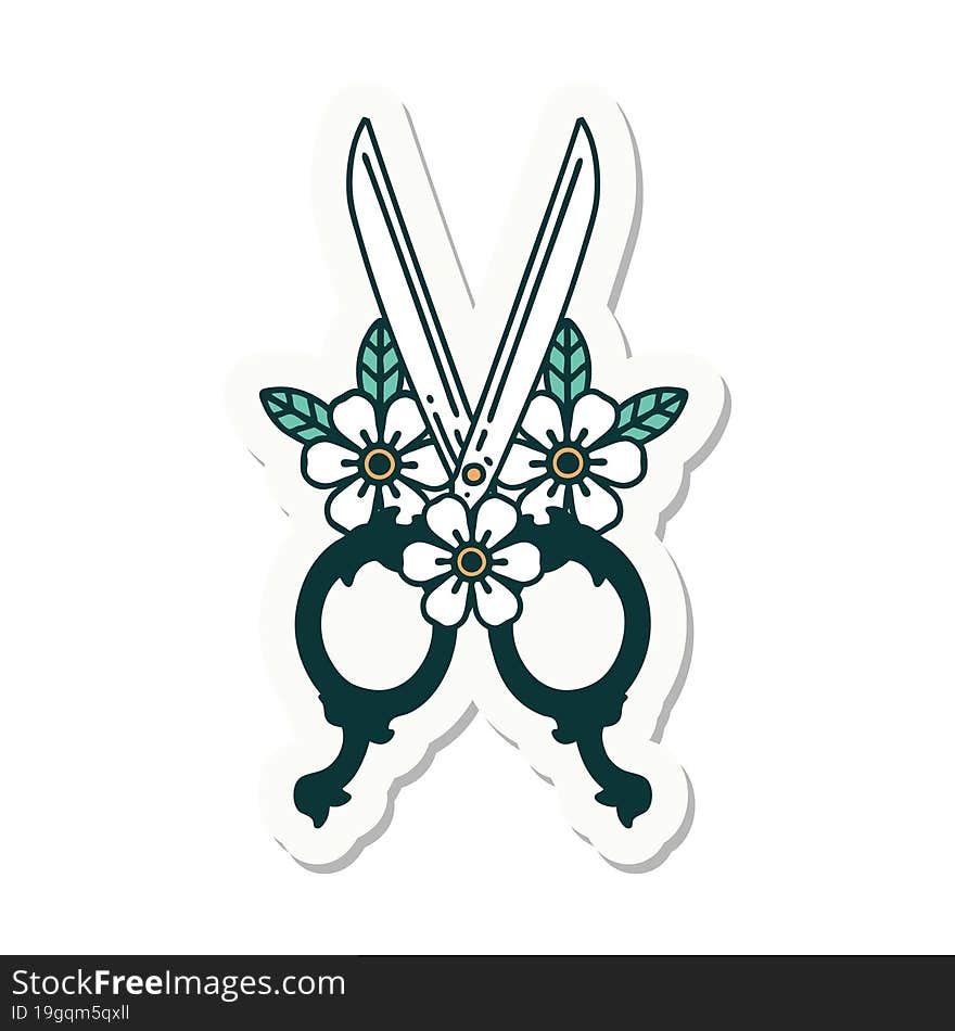 Tattoo Style Sticker Of A Barber Scissors And Flowers