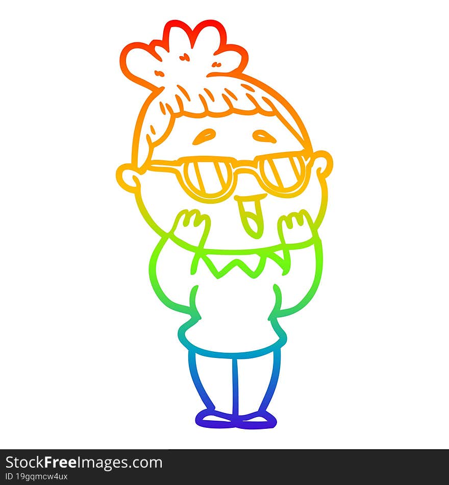 rainbow gradient line drawing cartoon happy woman wearing spectacles