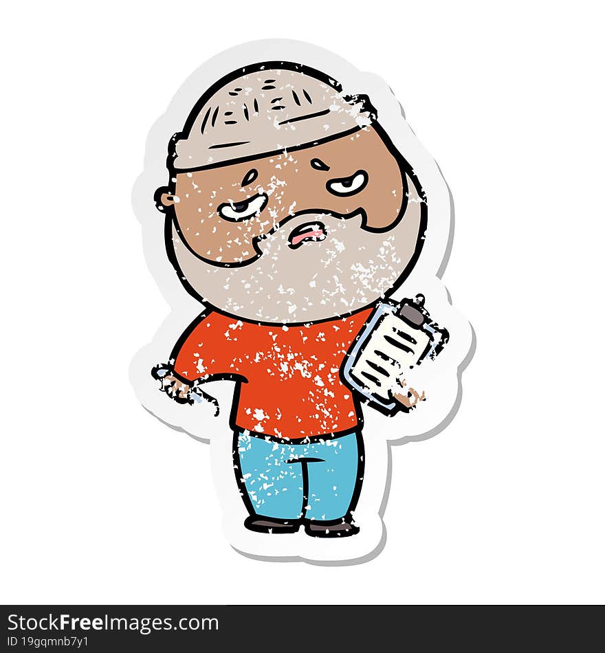 distressed sticker of a cartoon worried man with beard