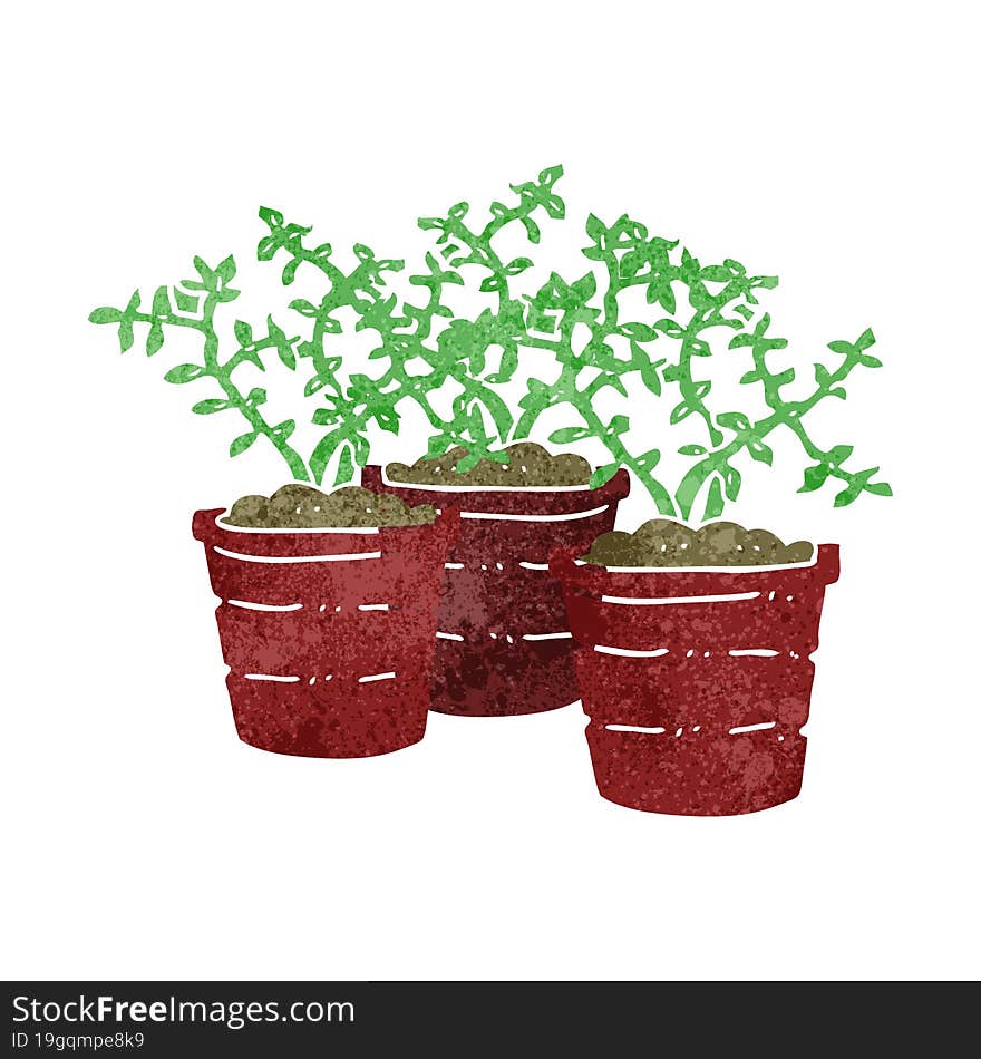 freehand drawn retro cartoon potted plants