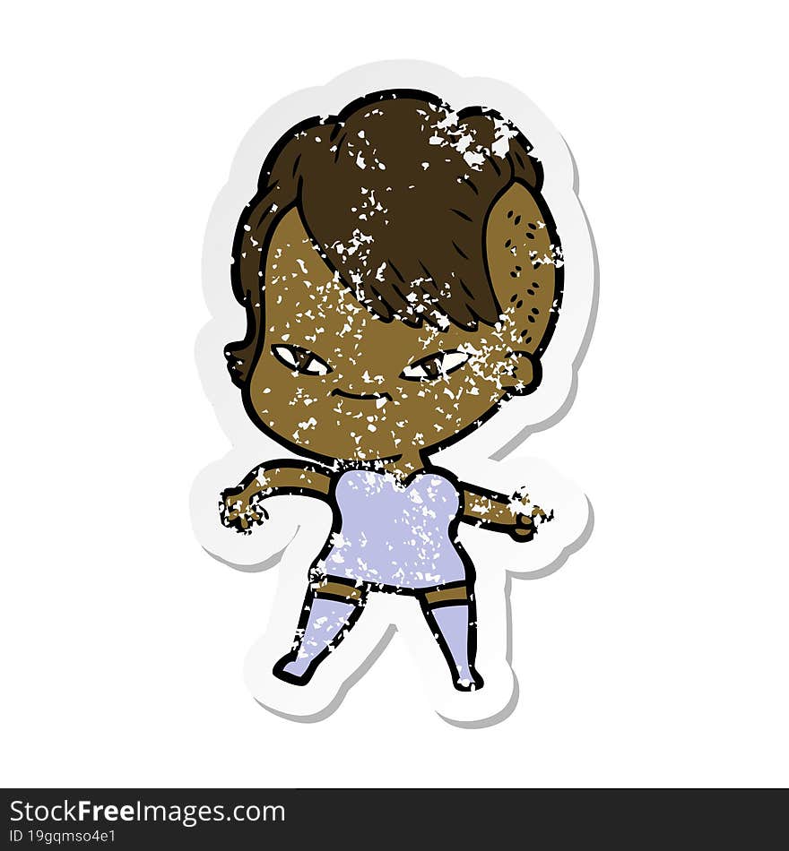 Distressed Sticker Of A Cute Cartoon Girl With Hipster Haircut