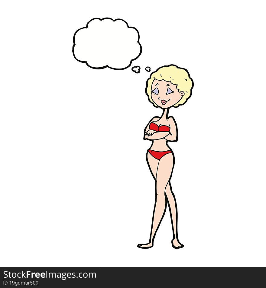 cartoon retro woman in bikini with thought bubble