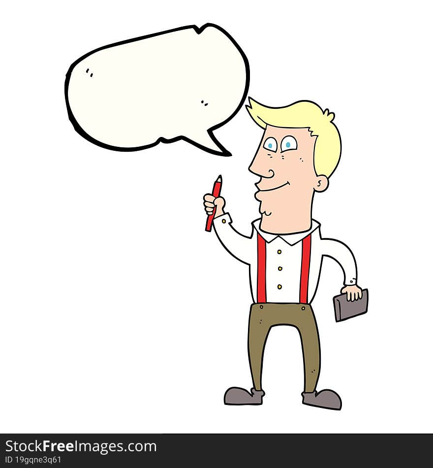 speech bubble cartoon man with notebook and pen