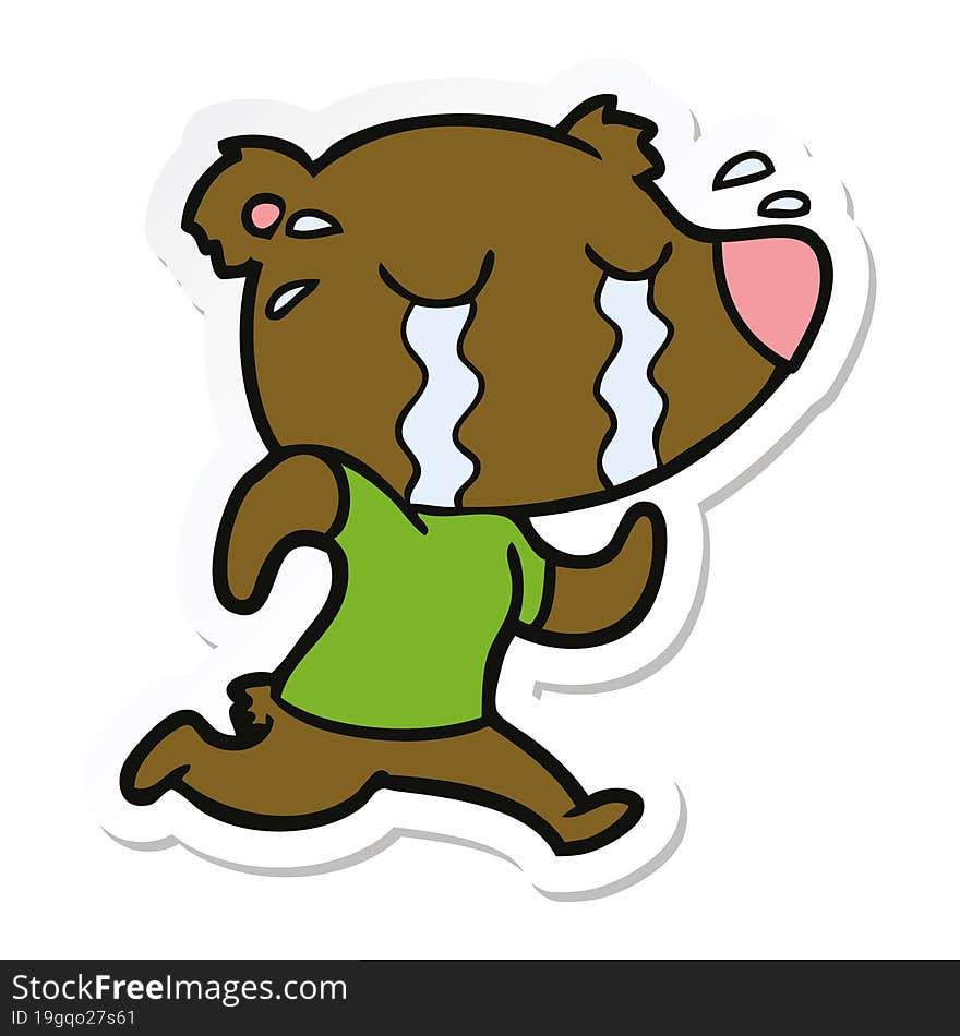 Sticker Of A Cartoon Crying Bear Running